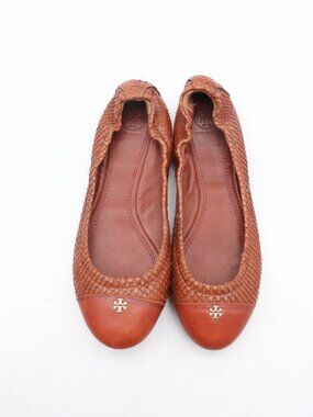Tory Burch York Women's 6.5 M Ballet Brown Snake Print Cap Toe Logo Flats Shoes